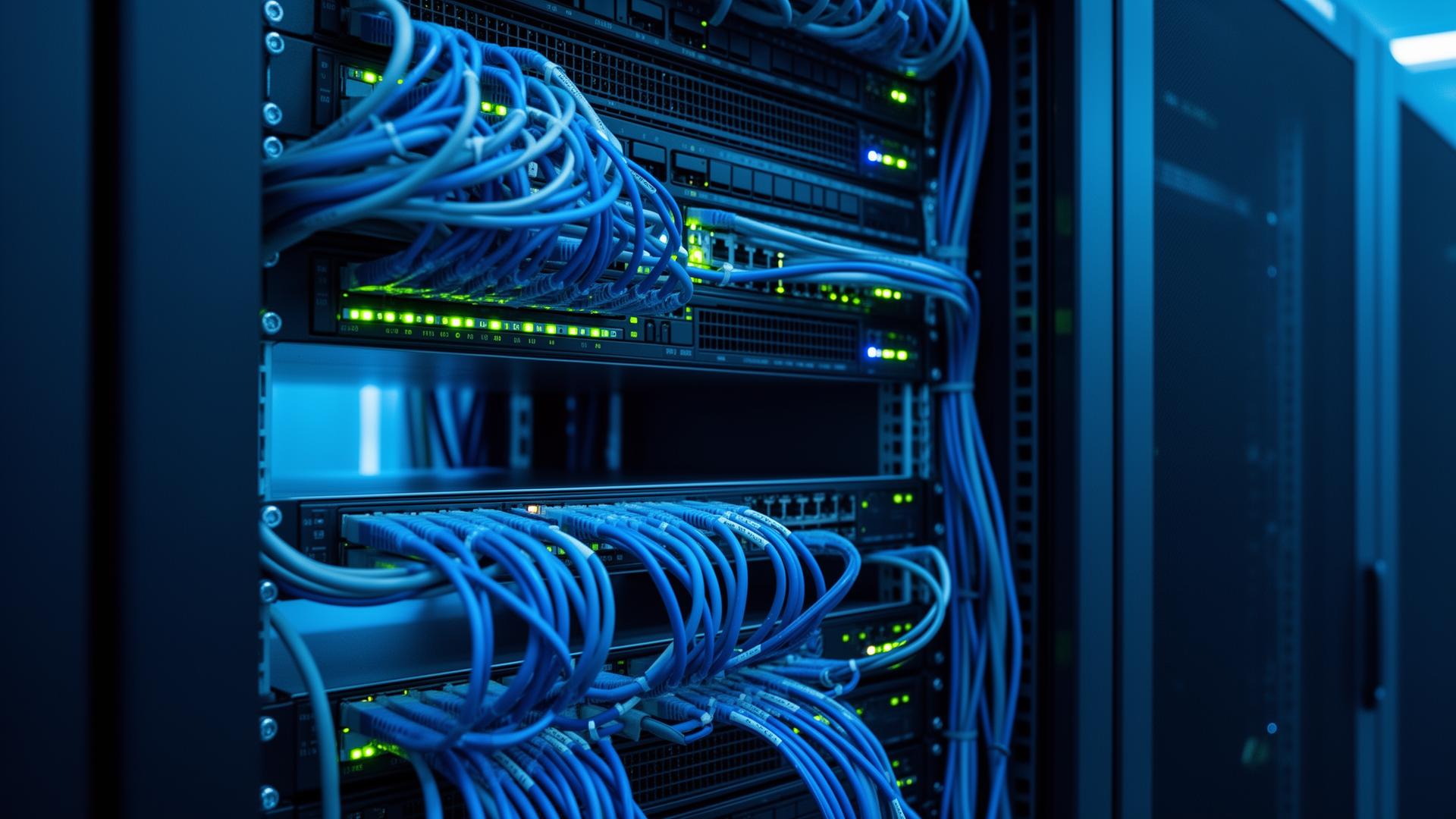 Business IT server room with enterprise networking equipment and data center infrastructure