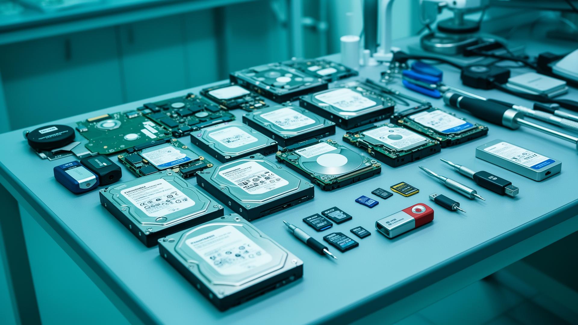 Professional data recovery workbench with hard drives SSDs and storage device recovery tools