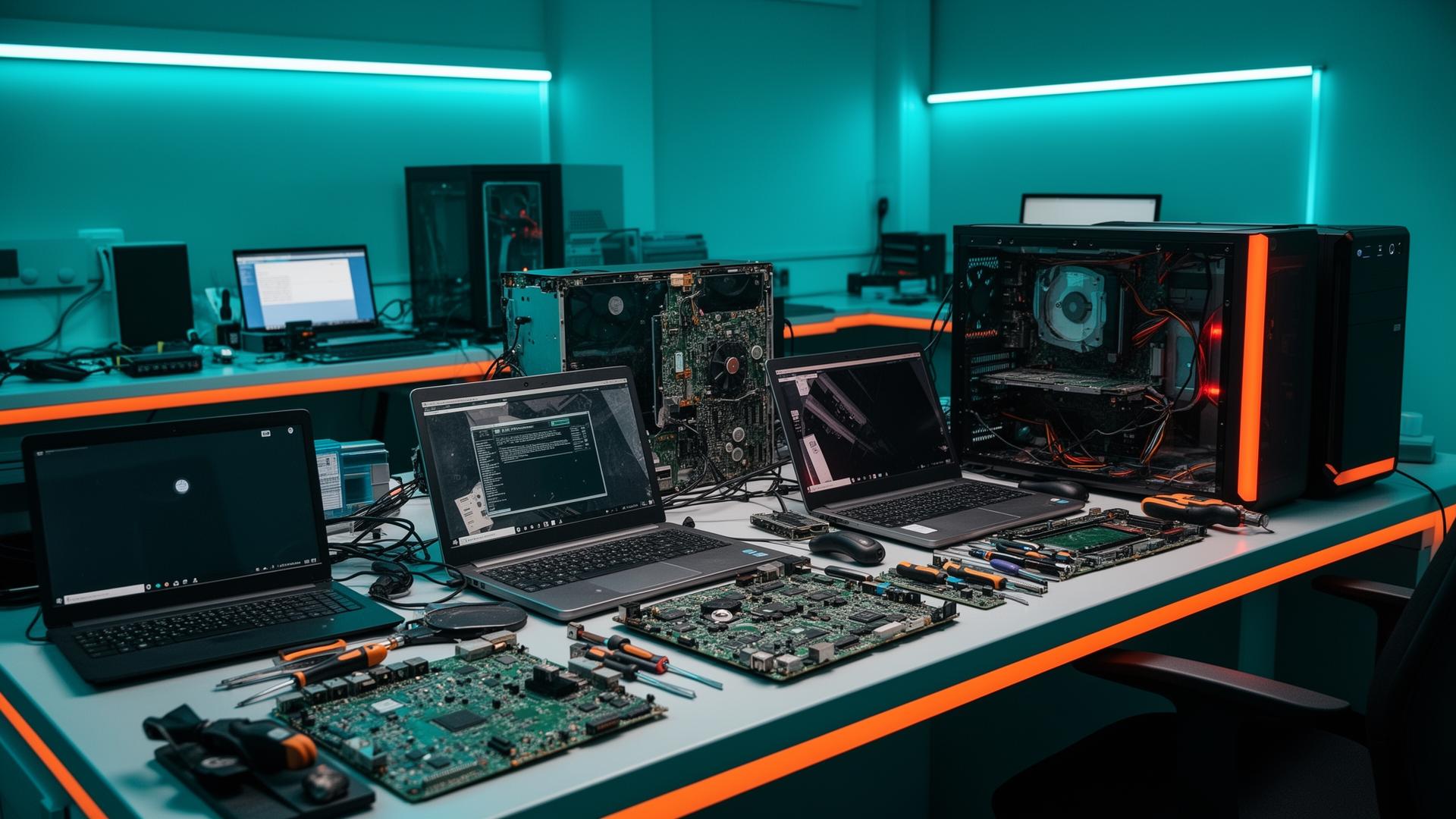 Professional computer repair workshop with laptops desktops and circuit boards