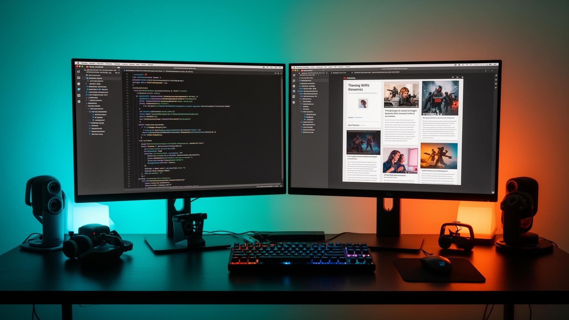 Technology blog workspace with monitors displaying computer repair tips and tech articles