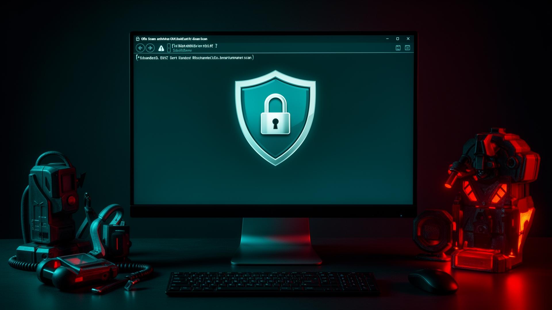Antivirus security scan on computer screen with shield icons and malware protection tools
